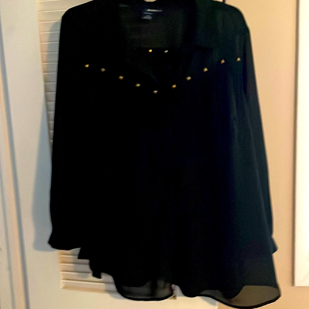 NWOT- black sheer fringed shirt